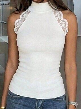 White Casual Women's Contrast Lace High Neck Fitted Knit Top